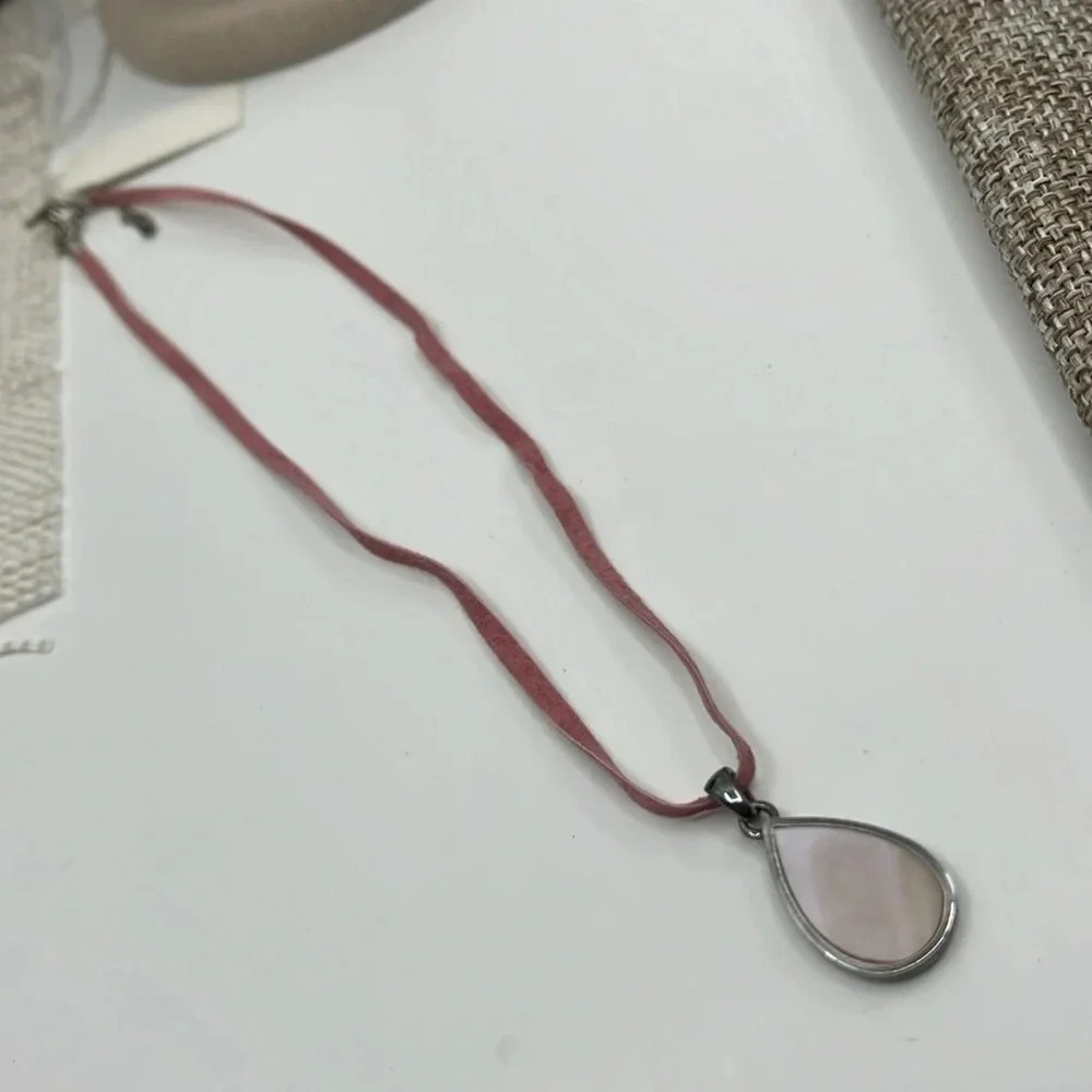 925 Sterling Silver Teardrop Pendant Necklace Iridescent MOP Pink Cord 16" - Picture 9 of 14